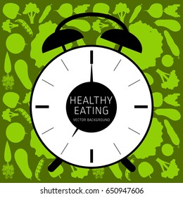 Concept of healthy eating, assorted fresh vegetables, vector background, healthy lifestyle, banner, silhouette, clock