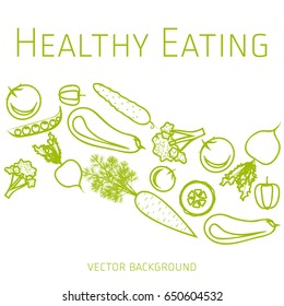 Concept of healthy eating, vector background, assorted fresh vegetables, healthy lifestyle, banner, silhouette