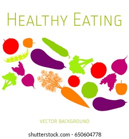 Concept of healthy eating, vector background, assorted fresh vegetables, healthy lifestyle, banner, silhouette