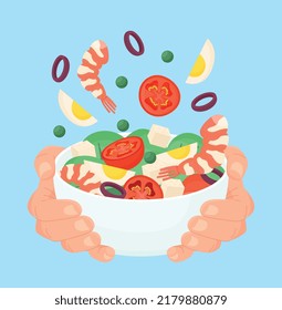 Concept of healthy eating. Vegetables, eggs, onions and shrimp in deep bowl. Hands holding delicious vegetarian salad on plate. Design element for food advertising. Cartoon flat vector illustration