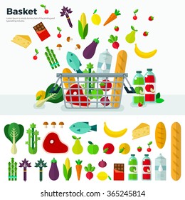 Concept of healthy food Basket with vegetables, cheese, juices, berries Icon set flat design of vegetables. For web site, mobile applications, banners, corporate brochures, book covers, layouts etc.