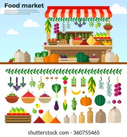 Concept of healthy food Market of vegetables and fruits, groats, berries Banner and icon set flat design. For web site, mobile applications, banners, corporate brochures, book covers, layouts etc.