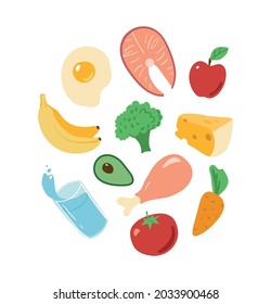 The concept of healthy food, products for a complete healthy diet, fish, cheese, meat, vegetables. Flat vector illustration isolated on white background.