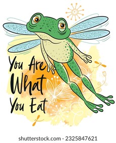 Concept with healthy fresh diet. The concept of nutrition is what you eat. Choose between healthy and unhealthy food. Vector postcard. Frog cartoon.
