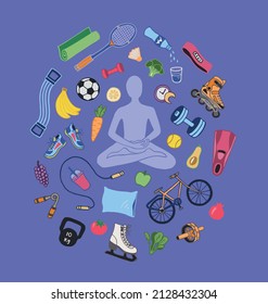 The concept of healthy habits, active lifestyle, fitness, outdoor training, diet food. Healthy lifestyle doodle hand drawn vector illustration with meditation, fruits, vegetables and sports equipment.