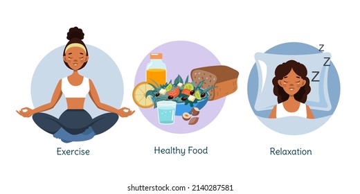 The concept of healthy habits, active lifestyle and proper nutrition. Sports, healthy food, healthy sleep. Vector illustration