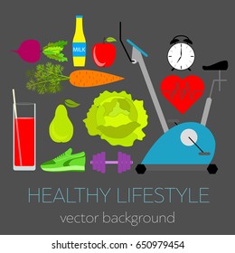 Concept of a healthy lifestyle, assorted fresh vegetables, sports equipment, vector background, healthy food, banner,
