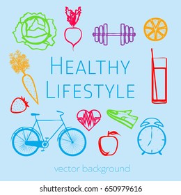 Concept of a healthy lifestyle, assorted fresh vegetables, sports equipment, vector background, healthy food, banner, silhouette