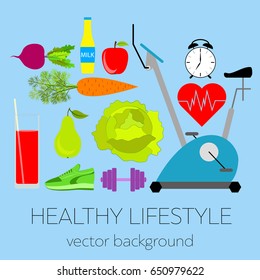 Concept of a healthy lifestyle, assorted fresh vegetables, sports equipment, vector background, healthy food, banner,