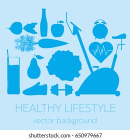 Concept of a healthy lifestyle, assorted fresh vegetables, sports equipment, vector background, healthy food, banner, silhouette