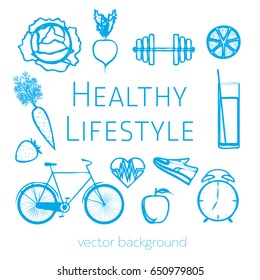 Concept of a healthy lifestyle, assorted fresh vegetables, sports equipment, vector background, healthy food, banner, silhouette