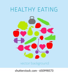 Concept of a healthy lifestyle, assorted fresh vegetables, sports equipment, vector background, healthy food, banner, silhouette