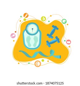 Concept of a healthy lifestyle, body care, weight control. Vector flat illustration of fitness attributes, healthy food icons.