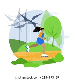 The concept of a healthy lifestyle in the city. The girl is positive while jogging in the park. Ecology. Windmills. Sports. Running. The vector is done in a flat style.