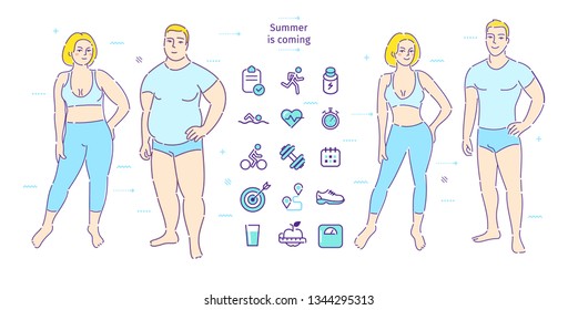 Concept of healthy lifestyle. Fat man and woman lose weight. Before and after. Flat line art design, vector illustration.