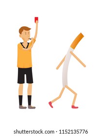 Concept of healthy lifestyle and fighting with no smoking. Judge showing red card, delete cigarette from field. Protest against poisoning of the body, no smoking. Vector illustration.