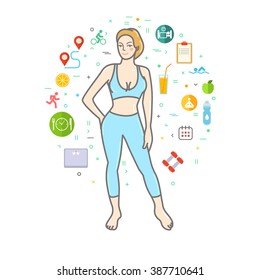 Concept of healthy lifestyle. Fitness girl in line art. Flat design, vector illustration.