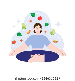 The concept of a healthy lifestyle. The girl sits in a lotus position surrounded by icons of vegetables. Health care, active lifestyle and sports. Cartoon flat vector illustration