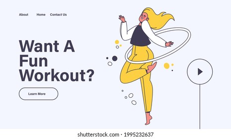 Concept of healthy lifestyle, gymnastics, aerobics. Landing page template. Web page layout with cheerful female character doing morning exercises in playful way. Girl dancing twists on waist hula hoop