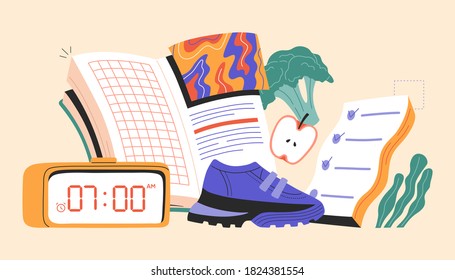 Concept of healthy lifestyle habits, symbol of everyday routine, fresh food, dieting, fitness, reading book, vector illustration