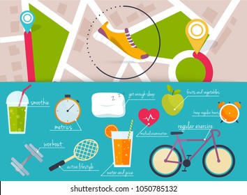 Concept of healthy lifestyle infographics. Icons for web: fitness, food and metrics. Flat design vector illustration.