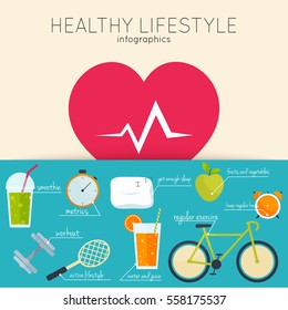 Concept of healthy lifestyle infographics. Icons for web: fitness, food and metrics. Flat design vector illustration.