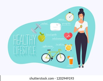 Concept of healthy lifestyle infographics. Young woman lead a healthy lifestyle. Icons for web: fitness, healthy food and metrics. Flat design vector illustration.