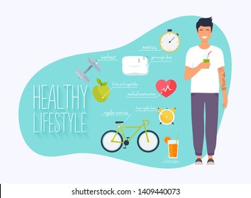 Concept of healthy lifestyle infographics. Young man lead a healthy lifestyle. Icons for web: fitness, healthy food and metrics. Flat design vector illustration. 