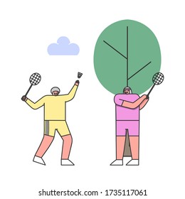 Concept Of Healthy Lifestyle And Leisure. Seniors Man And Woman Play Badminton Together. Aged Characters Playing Active Games Outdoors Together. Cartoon Linear Outline Flat Style Vector Illustration