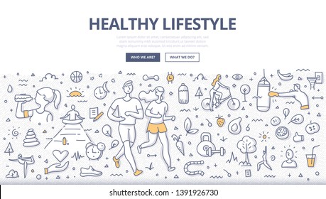 Concept of healthy lifestyle. Man and woman jogging together. Healthy nutrition, meditation, drinking water. Fitness & sport. Doodle illustration for web banners, hero images, printed materials