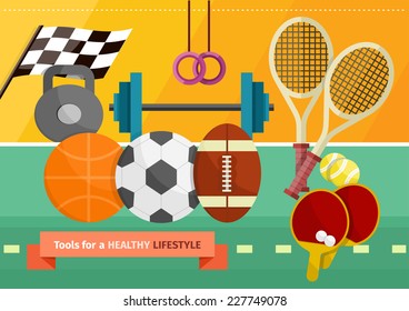 Concept of healthy lifestyle and sport with sport equipment for track and field, tennis, football and volleyball