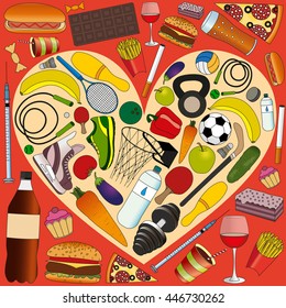 concept of healthy lifestyle: sports accessories, and healthy food in the heart, against the background of fast food and alcohol