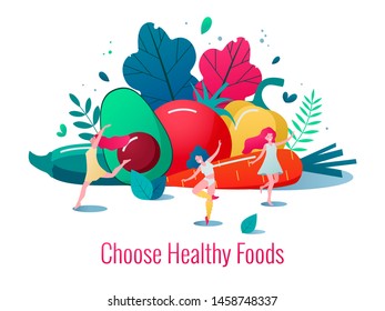 Concept of healthy lifestyle vector illustration. Healthy happy women dancing in front of vegetables and fruits.