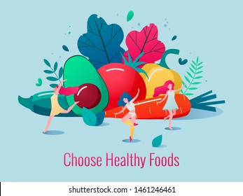 Concept of healthy lifestyle vector illustration. Healthy happy women dancing in front of vegetables and fruits.