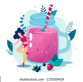 Concept Of Healthy Lifestyle Vector Illustration. Berry Smoothie Vector Illustration. Happy Slim Woman Dancing Near Berry Smoothie