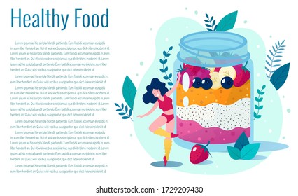 Concept of healthy lifestyle vector illustration. Chia seed mango strawberry pudding vector illustration. Happy slim woman dancing near chia pudding