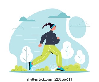 Concept of healthy lifestyle. Young girl runs in park against backdrop of trees. Athlete, marathon runner and sprinter. Active rest and hobby. Poster or banner. Cartoon flat vector illustration