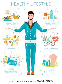 Concept of healthy lifestyle / young man with his good habits / fitness, well food, metrics / vector illustration / flat style 