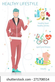 Concept of healthy lifestyle / young man with his good habits / fitness, well food, metrics / vector illustration / flat style