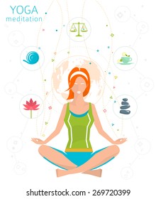 Concept of healthy lifestyle / young woman practices yoga / yoga meditation / Sukhasana / Easy pose / vector illustration / flat style