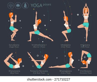 Concept of healthy lifestyle / young woman practices yoga / yoga meditation / set of poses / vector illustration / flat style