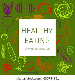 Concept of healthy lifestyles, vector background, texture, assorted natural vegetables, sports equipment, banner, silhouette