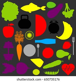 Concept of healthy lifestyles, vector background, texture, assorted natural vegetables, sports equipment, banner, silhouette