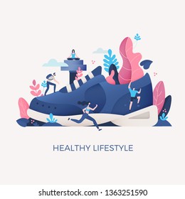 Concept Of Healthy Living & Fitness. Blue Sneaker With Floral Elements & People Engaged In Sport Activities: Hiking On Fresh Air, Running, Practicing Yoga And Climbing. Movement Is The Key To Health