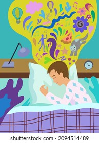 Concept of healthy sleep. Sleeping man in bed with happy colorful interesting dreams. Cartoon cute vector illustration.