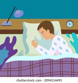 Concept of healthy sleep. Sleeping smiling man in bed. Colorful cartoon vector illustration.