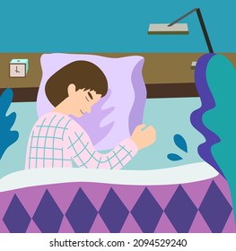 Concept of healthy sleep. Sleeping smiling woman in bed. Colorful cartoon vector illustration.