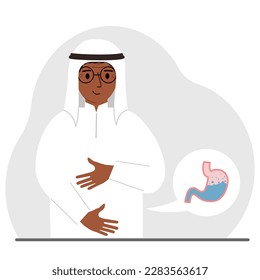 The concept of a healthy stomach. The arab man holds her stomach with both hands. A healthy stomach or proper digestion. Vector flat illustration