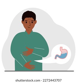 The concept of a healthy stomach. The man holds her stomach with both hands. A healthy stomach or proper digestion. Vector flat illustration