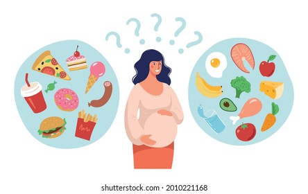 The concept of healthy and unhealthy food during pregnancy. A pregnant woman is thinking about her menu, the recommendations of a nutritionist and doctor. Flat cartoon vector illustration.